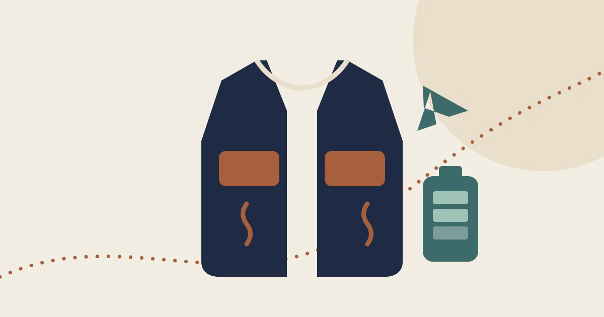Illustration of a heated vest with heat waves next to a battery pack and an airplane