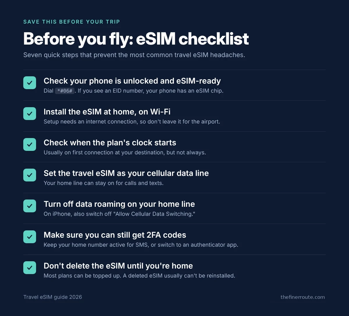 Before you fly eSIM checklist: check phone is unlocked, install at home on Wi-Fi, check when the plan starts, set eSIM as data line, turn off data roaming, keep 2FA working, don't delete the eSIM.