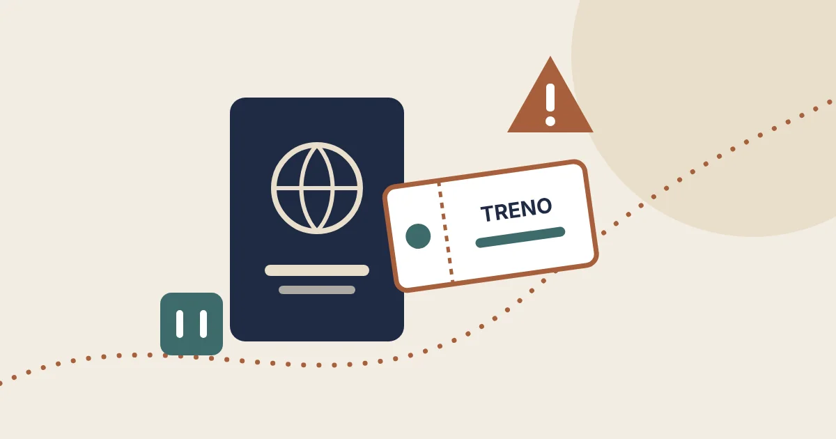 Illustration of a passport, a train ticket and a map of Europe with warning signs