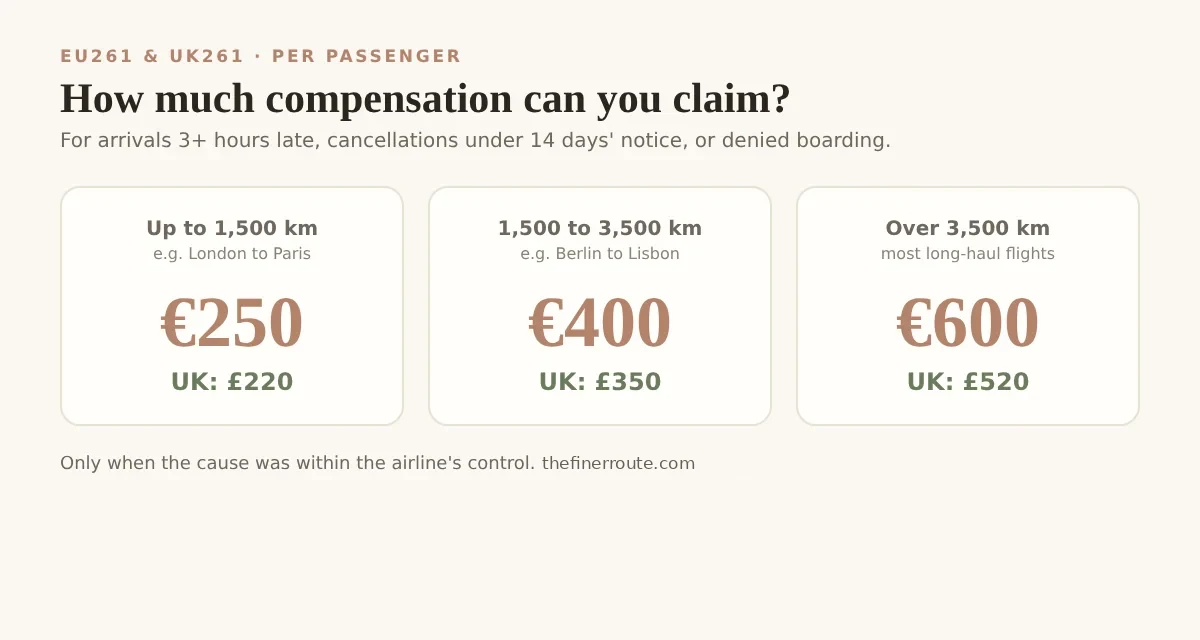 How much compensation you can claim under EU261 and UK261 by flight distance: 250, 400 or 600 euros, or 220, 350 or 520 pounds