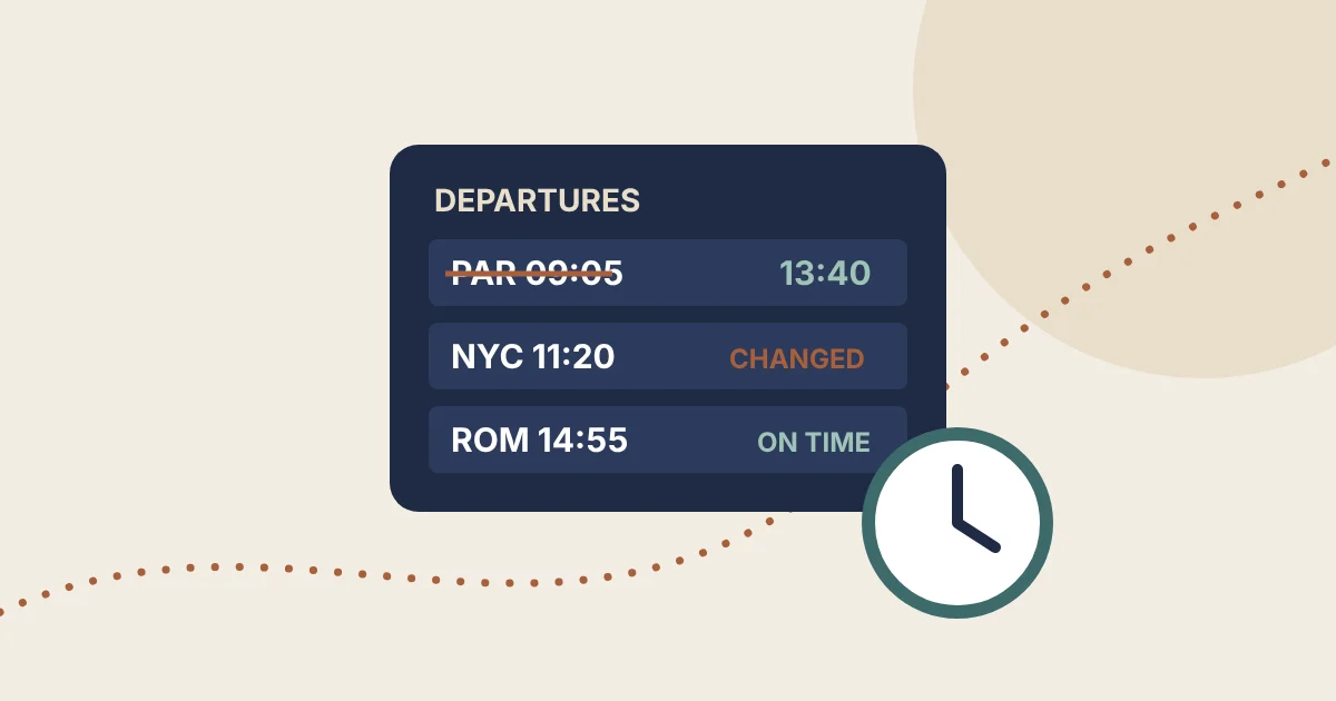 Illustration of a departure board with a changed flight time and a calendar