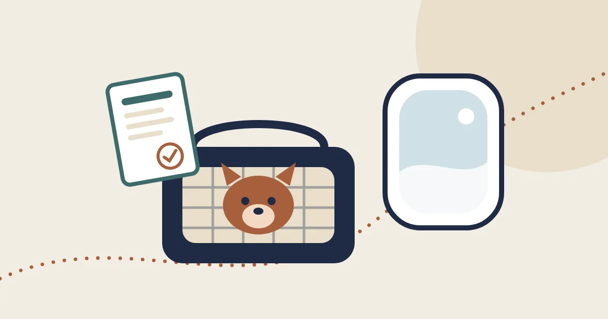 Illustration of a pet carrier with a small dog, a passport and a health certificate next to a plane window