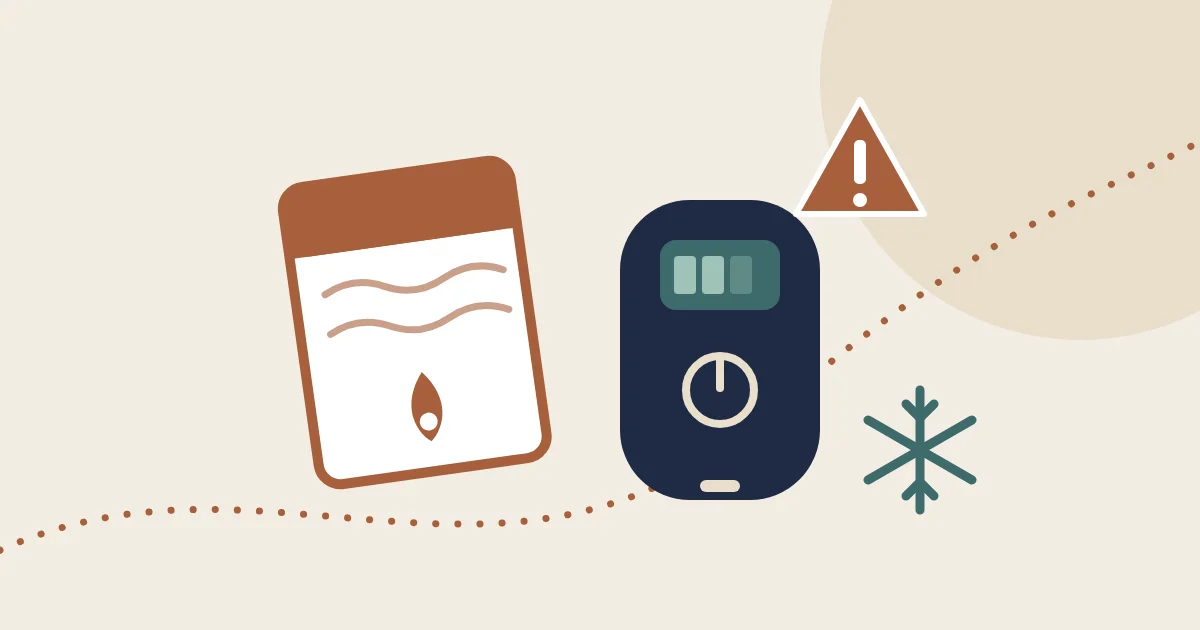 Illustration of a disposable hand warmer packet and a rechargeable hand warmer with a recall warning and a snowflake