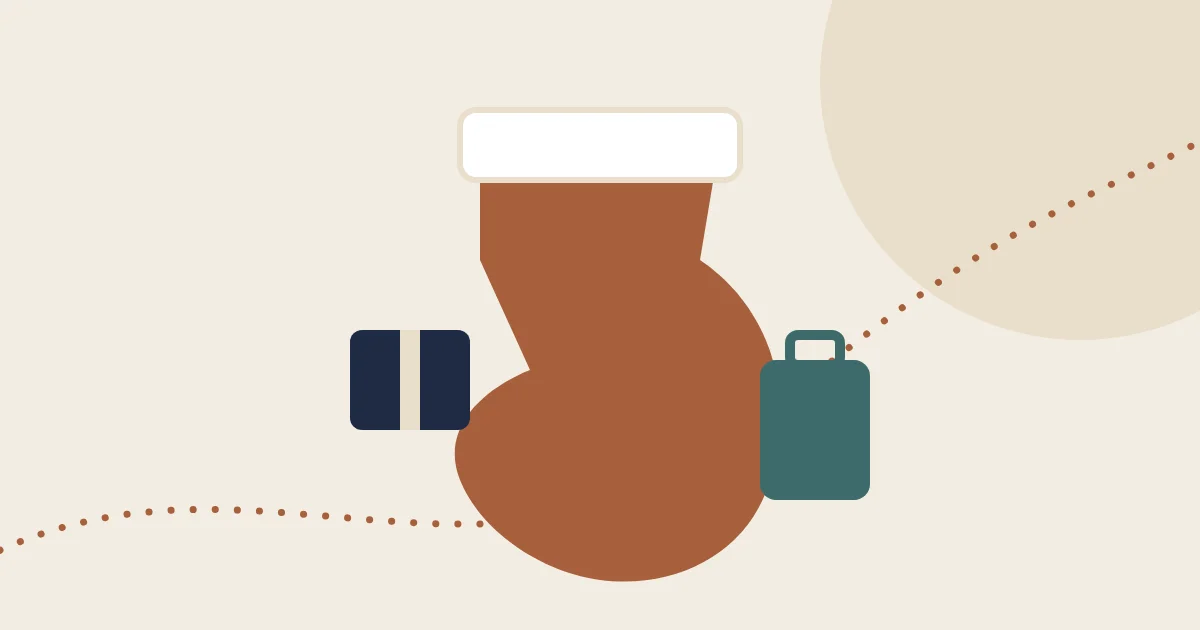 Illustration of a holiday stocking filled with small travel gifts
