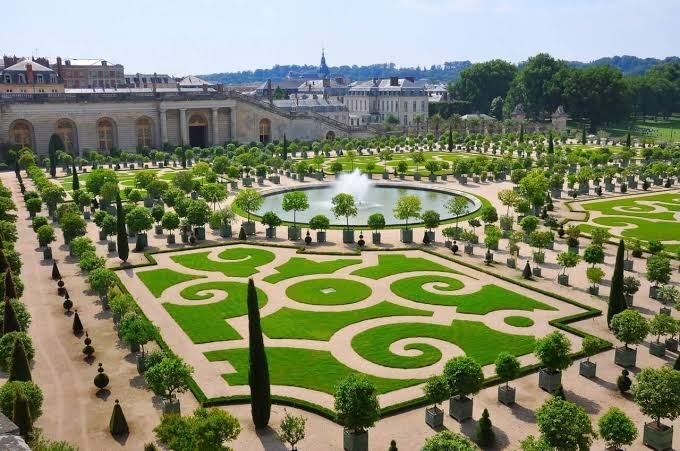 Swirling patterned lawns and potted orange trees in the Orangery garden at Versailles